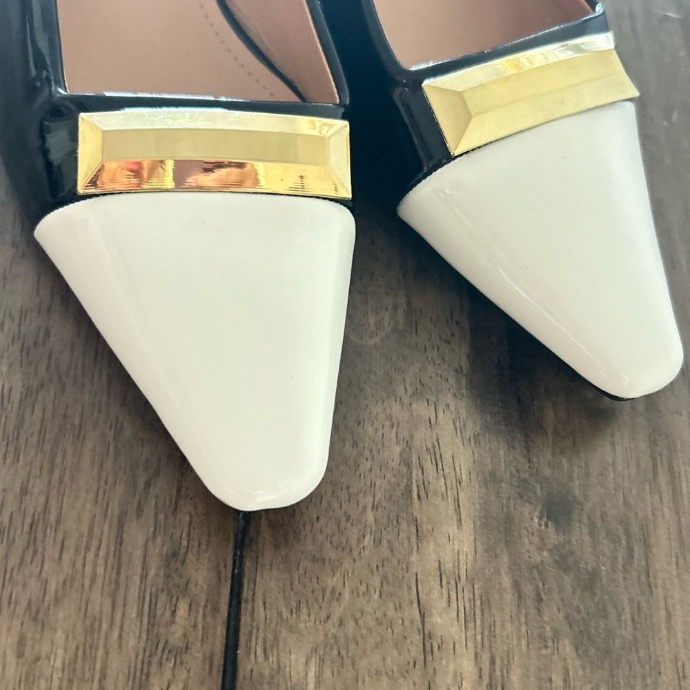 Women’s Black & White Patent Slingback Block Heel Shoes Size 41 - Picture 3 of 8